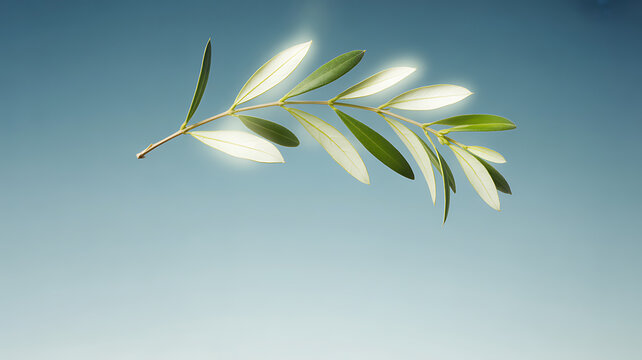 A single olive branch with green and silver leaves floating against a clear blue sky