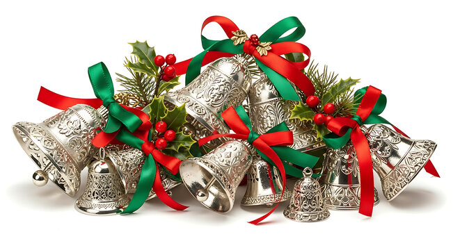 Festive silver bells adorned with holly and bright ribbons, evoking holiday cheer - Powered by Adobe