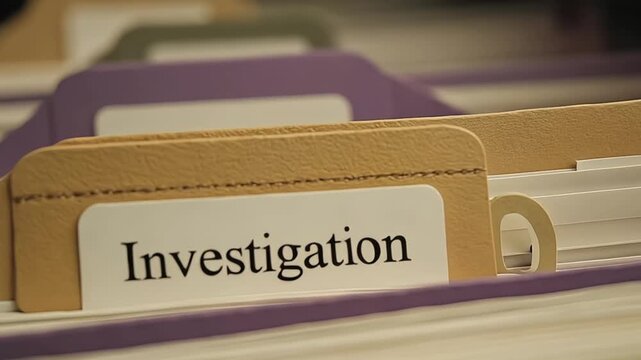 Investigation file folder document tab for detective work and research process