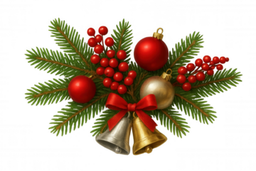 Christmas fir branches arranging festive red ornaments, berries, gold and silver bells with a bow