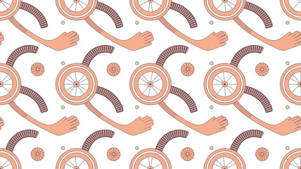Repeating pattern featuring stylized wheels arms and hands in a peach and brown color scheme on white background