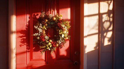 A festive wreath with pinecones, berries, and eucalyptus hanging on a red front door in warm sunlight