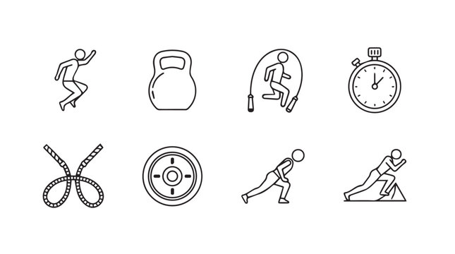Fitness icons set jumping jumping rope kettlebell stopwatch weights and athletes in motion silhouette