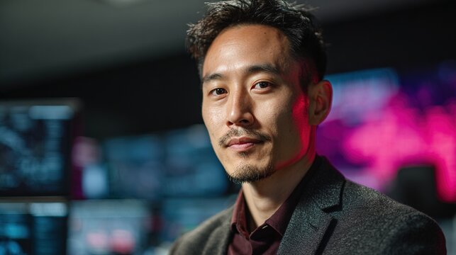 programmer. A focused programmer with lines of code projected in the background, illuminated by cool blue light. product launch decks.