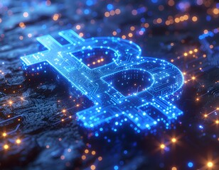 A luminous blue Bitcoin logo with intricate digital circuitry, set against a background of glowing lines and abstract digital elements. It represents cryptocurrency and innovation.
