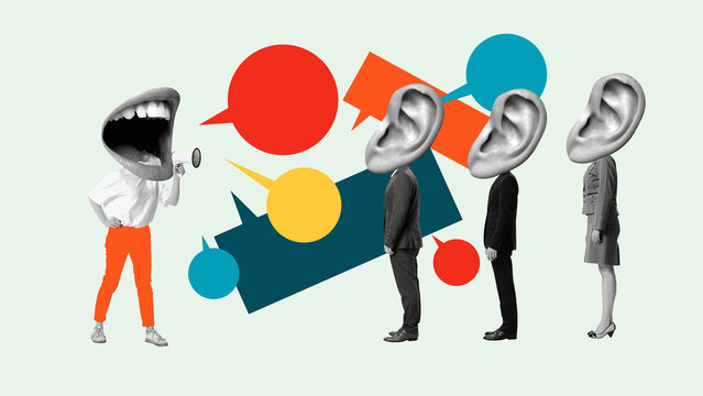 Surreal collage giant mouth shouting at businesspeople with ear heads colorful speech bubbles. Concept of corporate PR, leadership speech, teamwork, media, and modern communication channels.