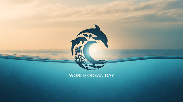 World Ocean Day illustration featuring dolphins and marine life silhouettes against a sunset ocean backdrop