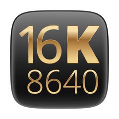 16k resolution icon with 8640 display numbers in gold on black background.