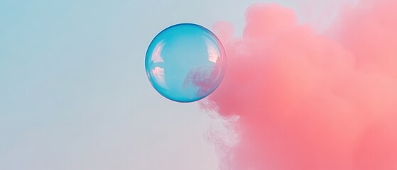 A single blue sphere floats amidst swirls of soft pink vapor against a gradient sky, embodying modern cuisine elements.