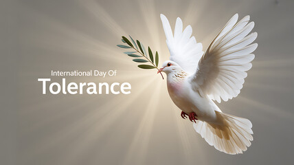 Fototapeta premium White dove carrying olive branch in flight, symbolizing peace and tolerance on International Day of Tolerance
