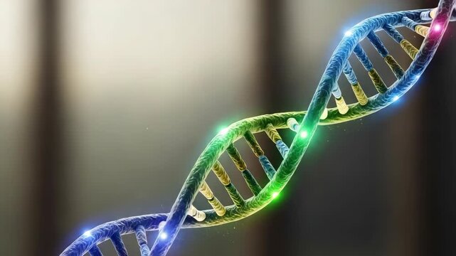 Illustrative DNA strand with colorful lights, showing genetic code and scientific data. DNA strand demonstrates scientific analysis and cellular biology.
