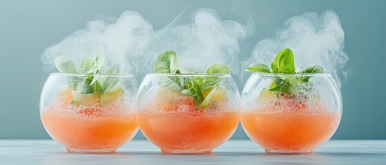 Three clear glasses with vibrant orange liquid and mint leaves creating smoke effect, modern drink presentation