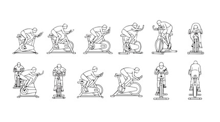 Collection of detailed monochrome figures depicting various cycling poses and activities silhouette