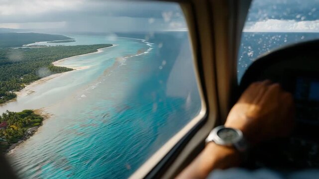 Scenic aerial view of island coastline from airplane cockpit