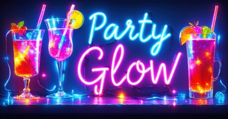 Bright neon sign displays Party Glow above colorful cocktails. Festive lights enhance vibrant atmosphere. Perfect celebration imagery.