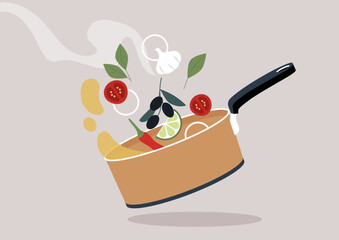 Colorful ingredients dance above a saucepan, showcasing a playful mix of vegetables and herbs, capturing the joy of cooking in a lighthearted and artistic manner.