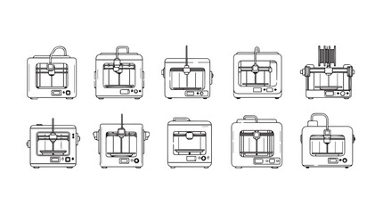Collection of modern toaster designs various styles and features shown in detailed line art silhouette