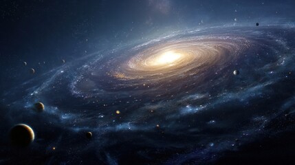 Fototapeta premium A vast spiral galaxy, showcasing swirling nebulae and numerous celestial bodies, dominates the cosmic expanse.