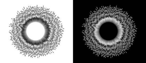 Abstract background with burning lines in cicrle. Design element or icon. Black shape on a white background and the same white shape on the black side. © Mykola Mazuryk