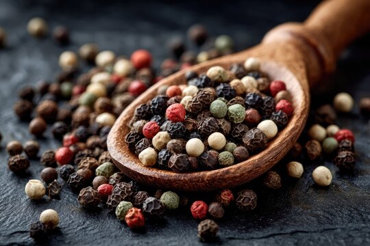 Mixed peppercorns in a wooden spoon on dark slate