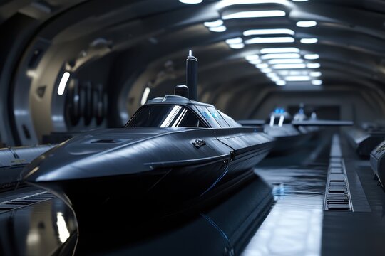 High-tech submarines docked in a futuristic underwater facility at night