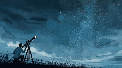 Lifestyle illustration Amateur astronomer lifestyle amateur peering deeply into telescope lens focused sharply onto distant stars above clear night sky