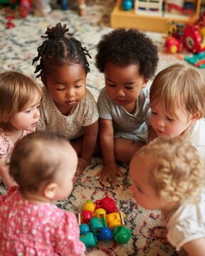 Curiosity and Connection: A circle of diverse babies gathers around a colorful toy, their eyes wide with curiosity and wonder.