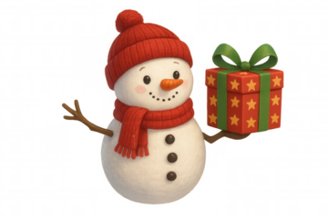 Snowman wearing red hat and scarf holding festive christmas gift box, winter holiday season character
