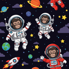 Playful cartoon gorillas exploring the cosmos in astronaut suits surrounded by planets and stars