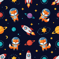 Cute astronaut foxes exploring space with rockets planets and stars Fun kids adventure pattern