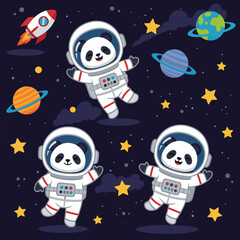 Adorable astronaut pandas exploring space with planets stars and a rocket