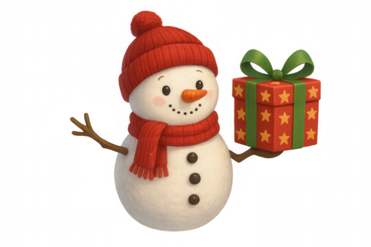 Snowman wearing red hat and scarf holding festive christmas gift box, winter holiday season character