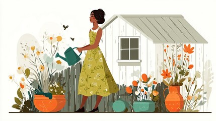 Hobbies and Creativity illustration A woman gardening in a sundress surrounded by blooming flowers woman lifestyle