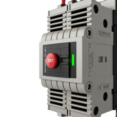 Fototapeta premium Detailed close up view of a modern industrial electrical circuit breaker with a red emergency stop button and green indicator light isolated on transparent background