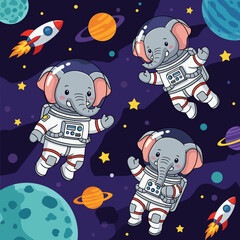 Cute cartoon elephant astronauts explore the vibrant galaxy with planets and rockets Space adventure for kids