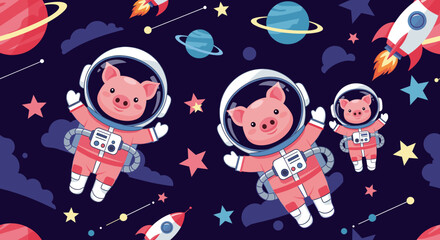 Cute cartoon pigs as astronauts exploring space with planets rockets and stars Fun adventure concept