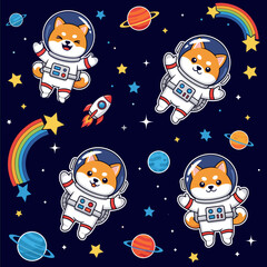 Cute Shiba Inu astronauts exploring outer space with planets stars and rockets Fun pet adventure