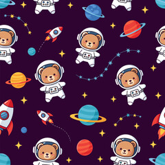 Cute bear astronauts explore the cosmos surrounded by planets rockets and stars Perfect for kids designs