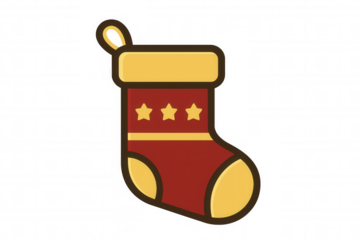 Christmas stocking vector with golden stars, red holiday festive decoration, transparent background