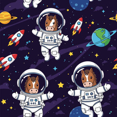 Cute cartoon astronaut horses exploring space Fun seamless pattern for kids design and adventure