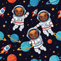 Playful bison astronauts explore space with colorful planets and rockets Ideal for kids designs