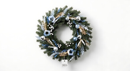 Festive holiday wreath adorned with silver ornaments and blue accents on a white background