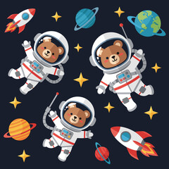 Cute bear astronauts float in space with rockets planets and stars Childhood adventure