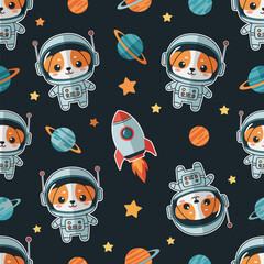 Playful astronaut dogs rockets and planets in a seamless space pattern for kids