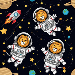 Smiling lion astronauts float joyfully through space with planets stars and a rocket Kids adventure