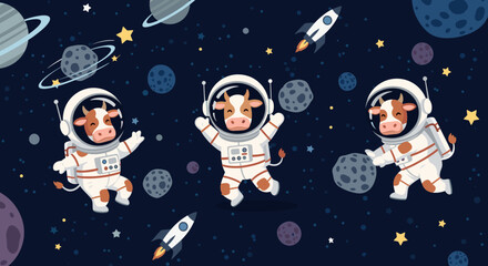 Three happy astronaut cows float among planets and stars in a fun space exploration