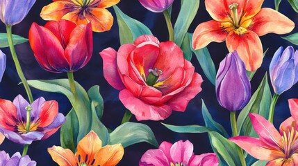 Fototapeta premium Vibrant watercolor tulips and lilies pattern blooming against a dark backdrop