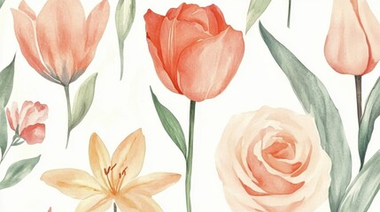 Delicate watercolor floral arrangement featuring pastel tulips, roses, and lilies