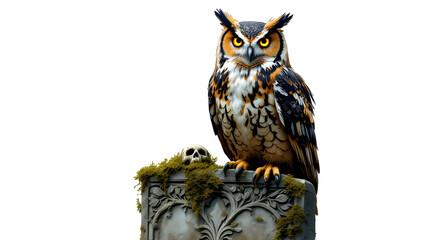 Fototapeta premium Eurasian Eagle-Owl on Tombstone, isolated on transparent background