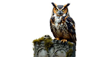 Eurasian Eagle-Owl on Tombstone, isolated on transparent background